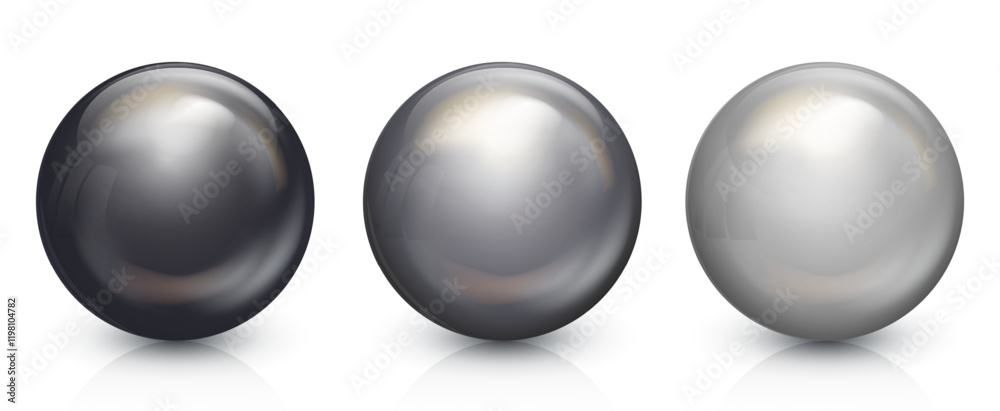 Silver and black glass balls set. Realistic 3D orb with glares and highlights for decoration. Jewelry gemstone. Vector illustration for your design