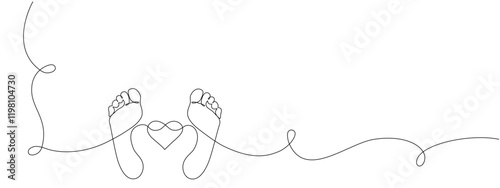 Bare feet with heart and infinity sign drawn in one continuous line. Vector print of women's feet in simple linear editable style. Foot Massage. Concept of love and cosmetic foot care.