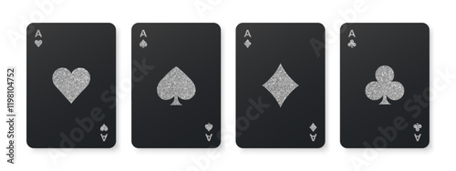 Black poker cards with silver glitter symbols. Silver card suits. Four aces playing cards. Casino gambling game. Winning poker hand. Vector EPS10