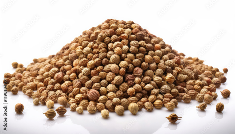 A mound of fresh coriander seeds showcasing their distinct patterns, resting naturally on a clean white background, highlighting their natural texture and earthy tones, ideal for culinary