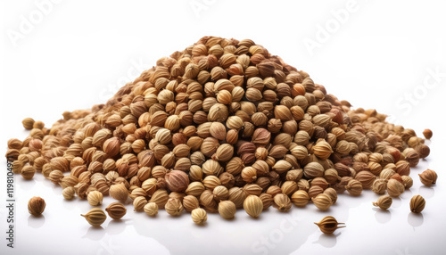 Obraz na płótnie A mound of fresh coriander seeds showcasing their distinct patterns, resting naturally on a clean white background, highlighting their natural texture and earthy tones, ideal for culinary w salonie