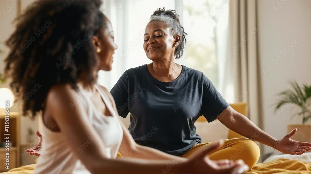 Two women sitting together on a mat practicing yoga, smiling and enjoying a light-filled home environment