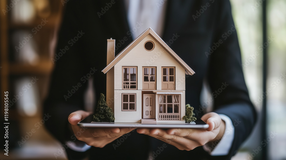 Real Estate Agent Showcasing a Miniature House and Tablet with Interactive Real Estate Investment Charts in a Modern Office Real Estate Agent Showcasing a Miniature House and Tablet with Interactive Real Estate Investment Charts in a Modern Office