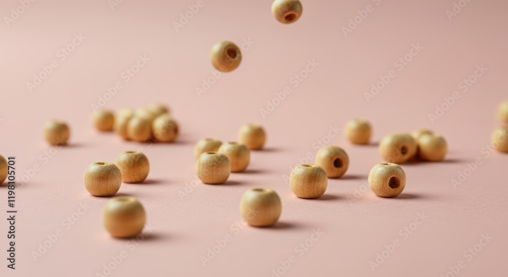 Wooden beads scattered on pastel surface for crafting and jewelry Wooden beads scattered on pastel surface for crafting and jewelry