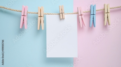 view clothespins hanging on a rope with a blank sheet paper on a pastel color background