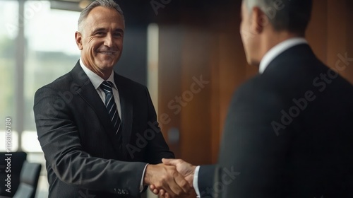 Senior businessman shaking hands with a client during a successful meeting in corporate boardroom
