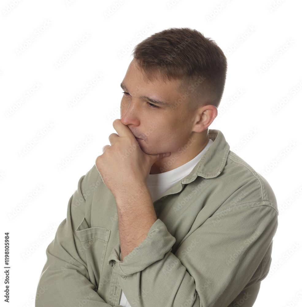 Distressed young man crying on white background Distressed young man crying on white background