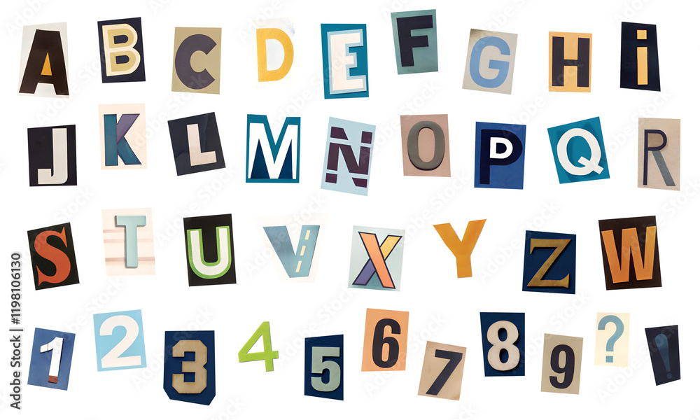 A set of alphabets cut out from a magazine or newspaper in pop art style. Cut out letters and numbers on a transparent background, PNG. A set of alphabets cut out from a magazine or newspaper in pop art style. Cut out letters and numbers on a transparent background, PNG.