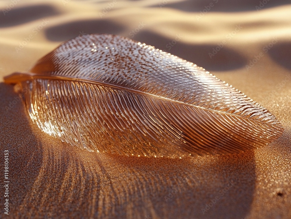 A metallic feather with intricate details and glittering highlights on sandy textured background A metallic feather with intricate details and glittering highlights on sandy textured background