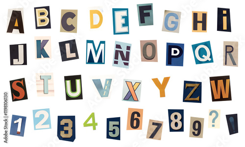 A set of alphabets cut out from a magazine or newspaper in pop art style. Cut out letters and numbers on a transparent background, PNG.