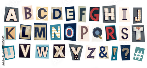 A set of alphabets cut out from a magazine or newspaper in pop art style. Cut out letters on a transparent background, PNG.