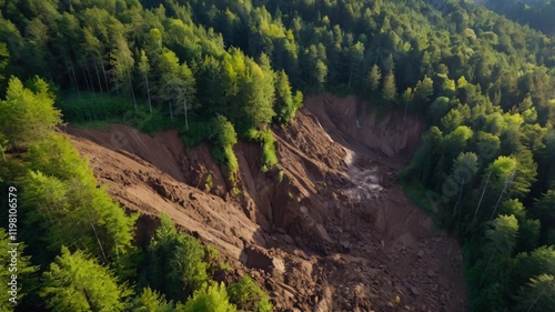 Landscape shot of dangerous landslide in the forest photo