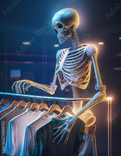 Skeleton sitting on a rack with clothes in a store photo