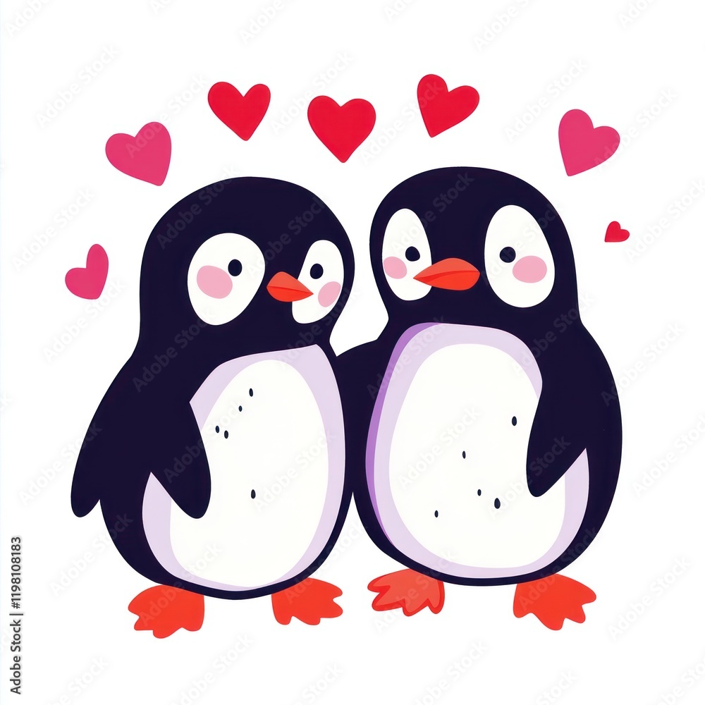 Fototapeta premium Loving penguins couple, Valentine's Day, hearts, white background, romantic card