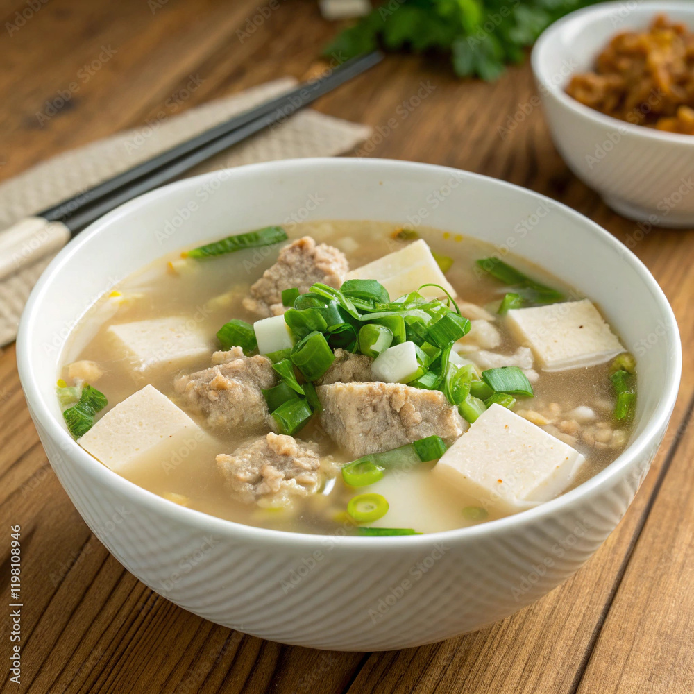 Clear soup with tofu and minced pork
