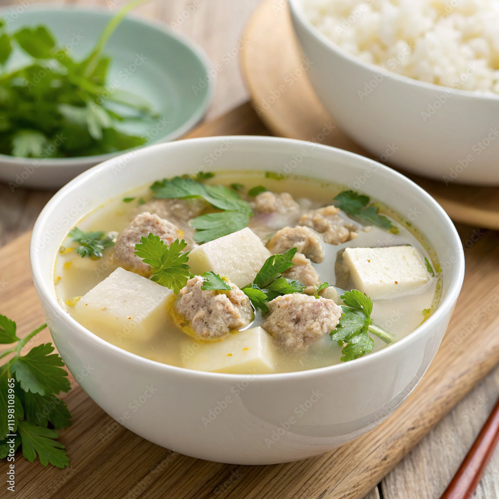 Clear soup with tofu and minced pork Clear soup with tofu and minced pork