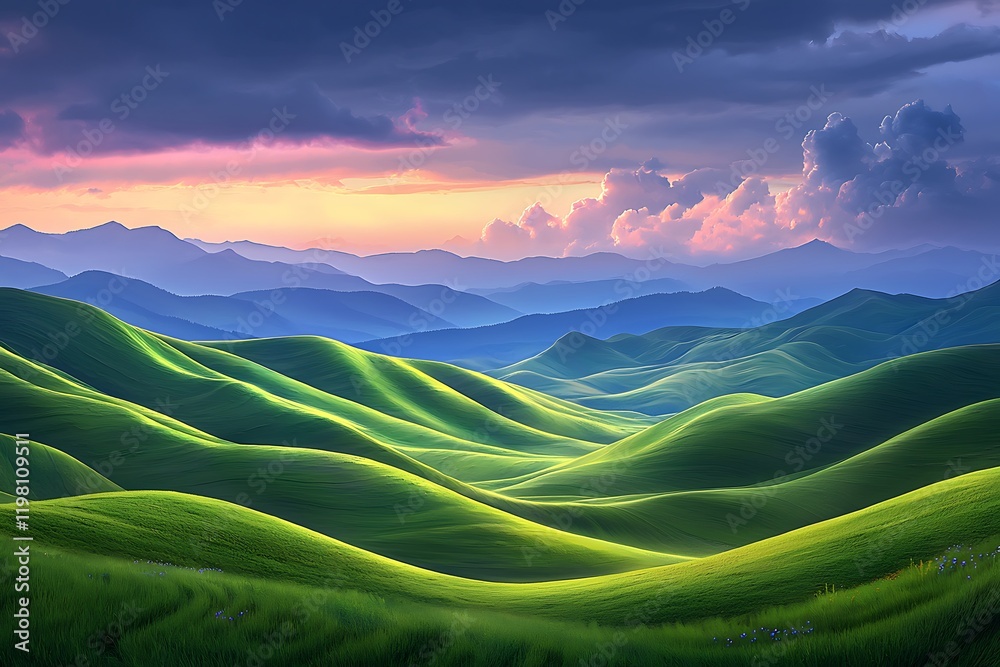 Obraz premium A panoramic view rolling green hills under a dramatic cloudy sky