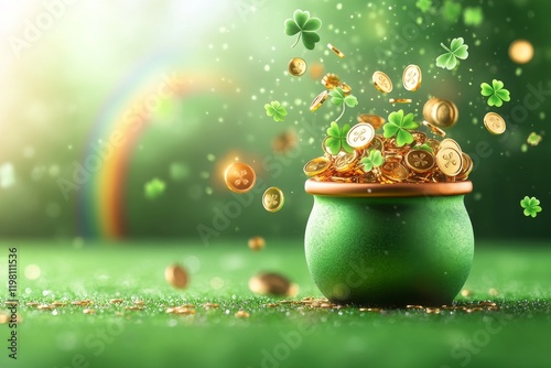 St. Patrick's Day: a pot of gold coins, clover leaves, rainbow. Generative AI