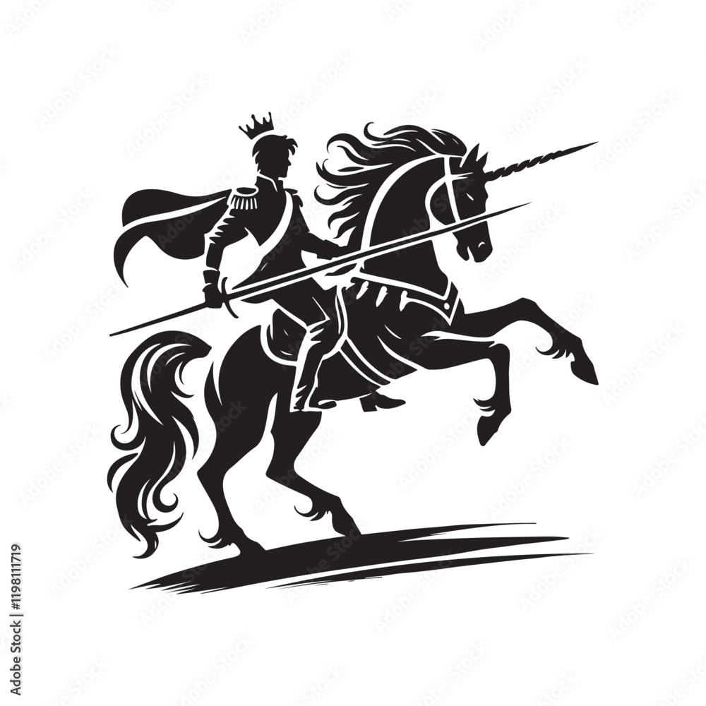 Fototapeta premium Black Color Prince with horse silhouette design Vector Illustration, Solid White Background (10).eps