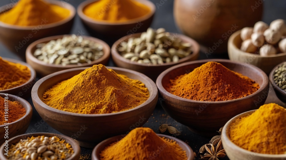 Close up of spice powder and seeds in bowls cooking food concept nutmeg turmeric Close up of spice powder and seeds in bowls cooking food concept nutmeg turmeric