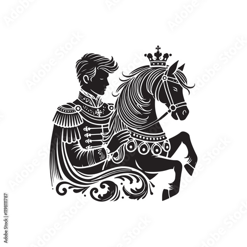 Black Color Prince with horse silhouette design Vector Illustration, Solid White Background (13).eps