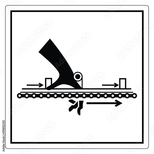 Symbol of manual cutting tool on conveyor belt with arrows indicating movement direction in production process
