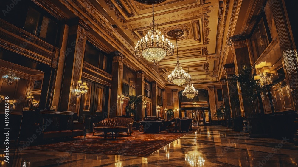 Fototapeta premium Grand Hotel Lobby: Opulent Elegance in Golden Hues