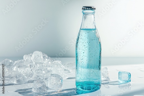 Refreshing blue drink in a glass bottle, surrounded by ice cubes on a light background.