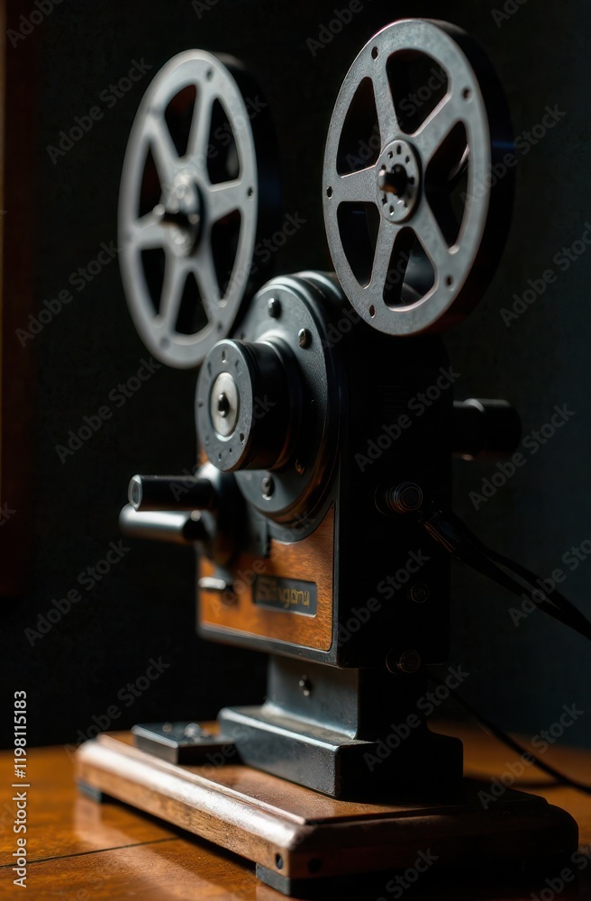 Fototapeta premium A vintage film projector stands in a dimly lit room, its reels poised and ready. The wooden base adds a nostalgic touch, emphasizing the charm of classic cinema. Light spills in gently.