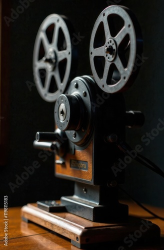 A vintage film projector stands in a dimly lit room, its reels poised and ready. The wooden base adds a nostalgic touch, emphasizing the charm of classic cinema. Light spills in gently. photo