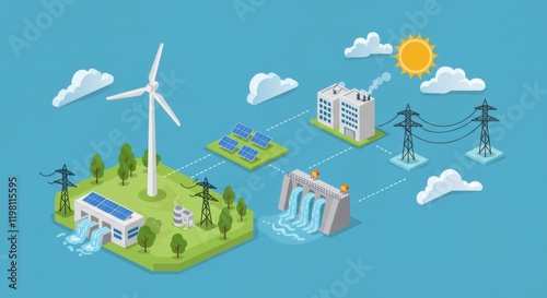 Sustainable Energy Ecosystem: Isometric illustration of a sustainable energy ecosystem, showcasing wind turbines, solar panels, hydroelectric dam, and power transmission lines.