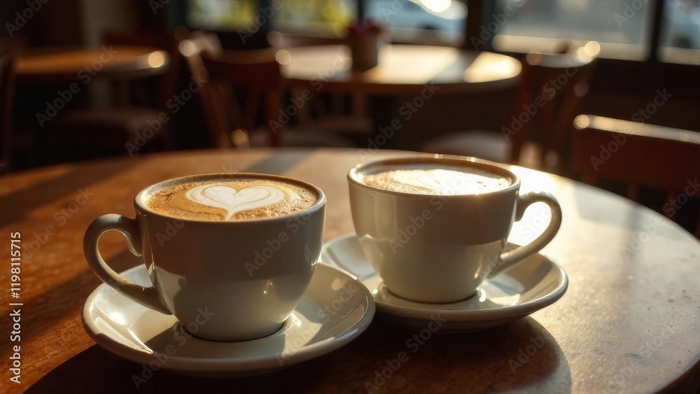 Two cups of coffee are placed on a wooden table in a warm cafe. The morning sunlight streams in, highlighting the intricate heart designs on the lattes, creating a welcoming atmosphere. Two cups of coffee are placed on a wooden table in a warm cafe. The morning sunlight streams in, highlighting the intricate heart designs on the lattes, creating a welcoming atmosphere.