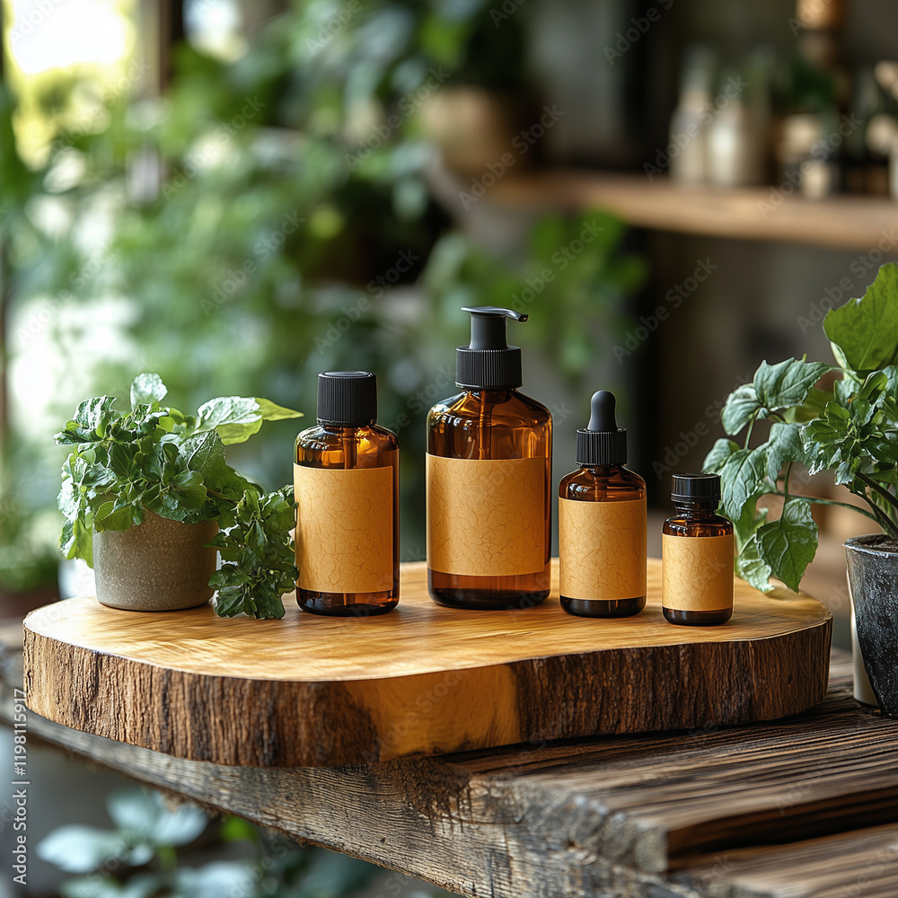 Aromatic amber bottles with labels on wooden surface Aromatic amber bottles with labels on wooden surface