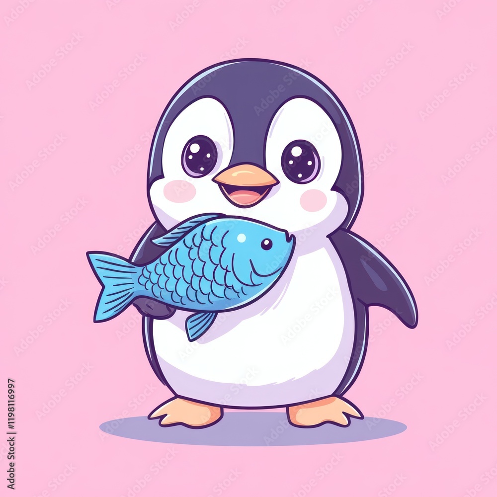 Obraz premium Cute penguin holding fish; pink background, children's illustration