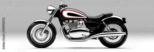 Vintage Classic Motorcycle With Shiny Metal, Deep Black Paint, and a Bold Red Stripe photo