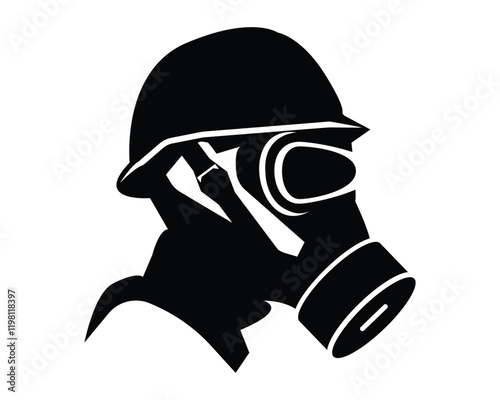 Silhouette of a Soldier Wearing a Gas Mask and Military Helmet for Safety and Protection Illustration