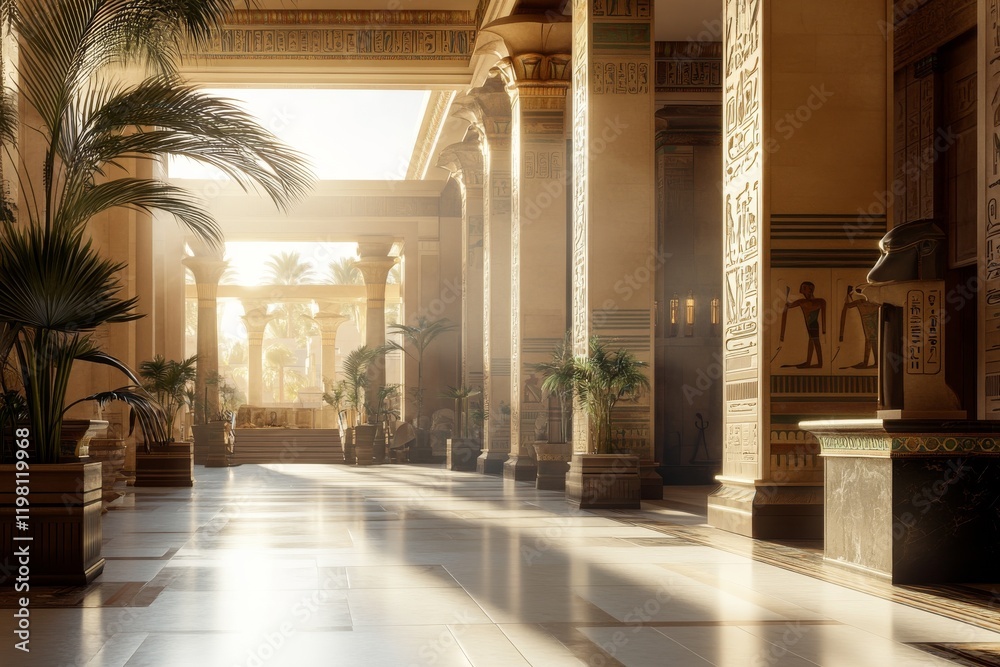 Fototapeta premium Ancient Egyptian temple interior with tall columns, intricate carvings, and warm sunlight filtering through at dawn