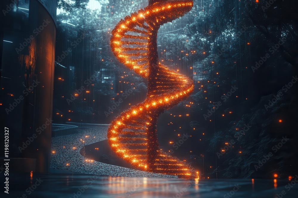 Obraz premium a 3d illustration of a dna helix stands against a futuristic backdrop, symbolizing advancements in genetic engineering and the future of science