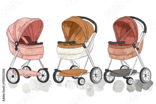 Isolated Set of Three Baby Strollers in Different Colors photo