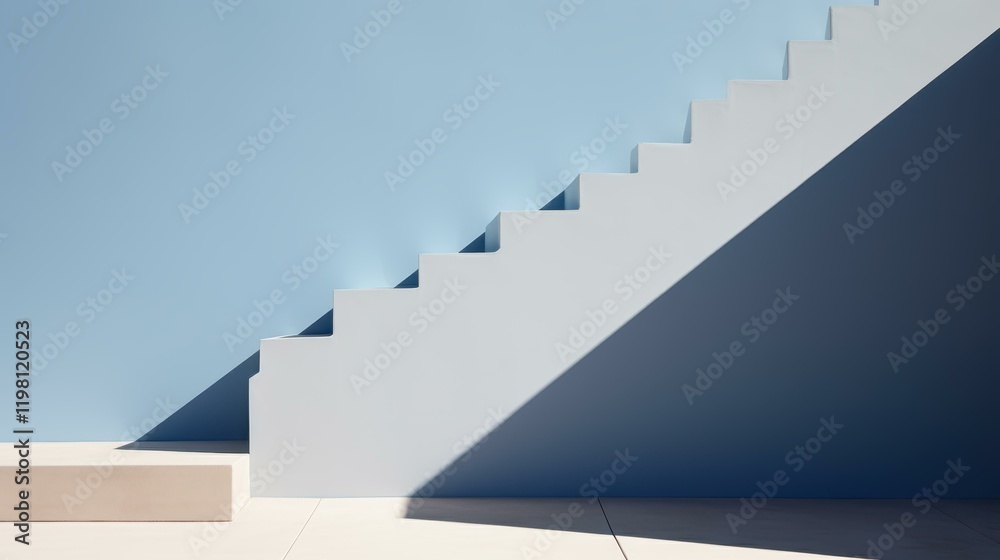 Fototapeta premium Modern minimalist design shines in the sun, featuring sleek lines, white stairs, and a stunning blue sky backdrop.