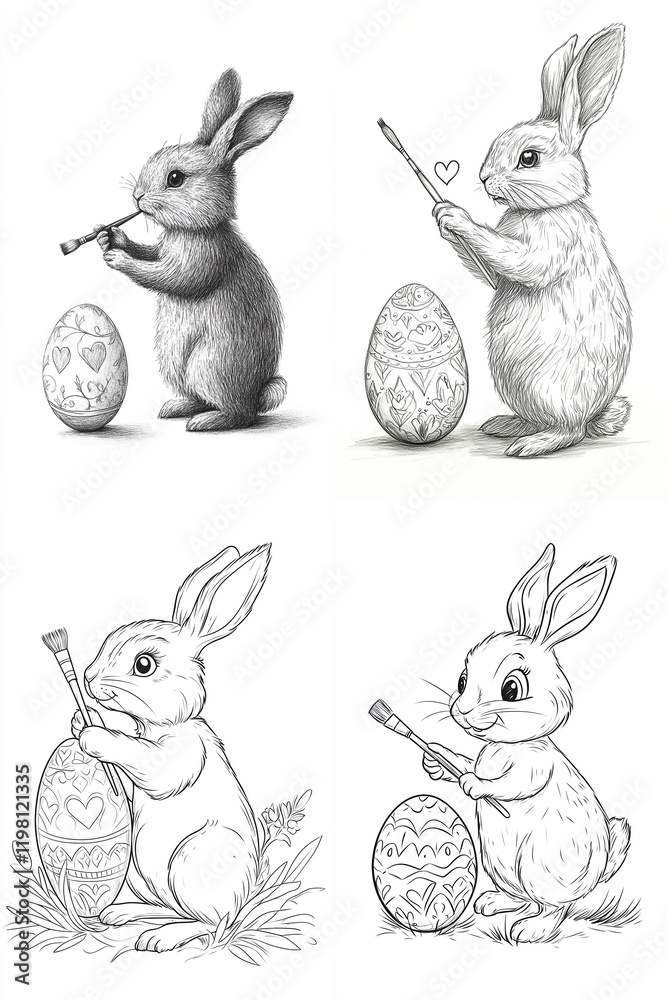 Fototapeta premium Four charming bunny rabbits decorating Easter eggs.