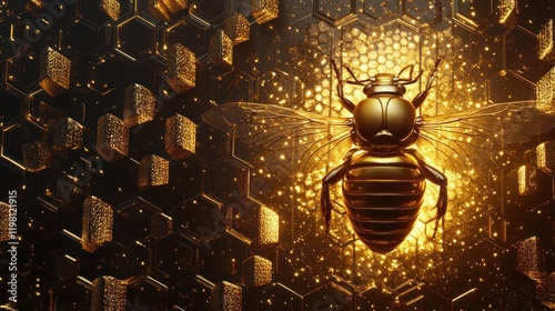 Golden bee on honeycomb background. (1) photo