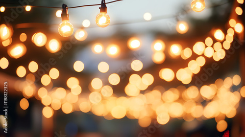 Beautiful bokeh background of warm glowing string lights at a festive outdoor event, perfect for celebrations and gatherings