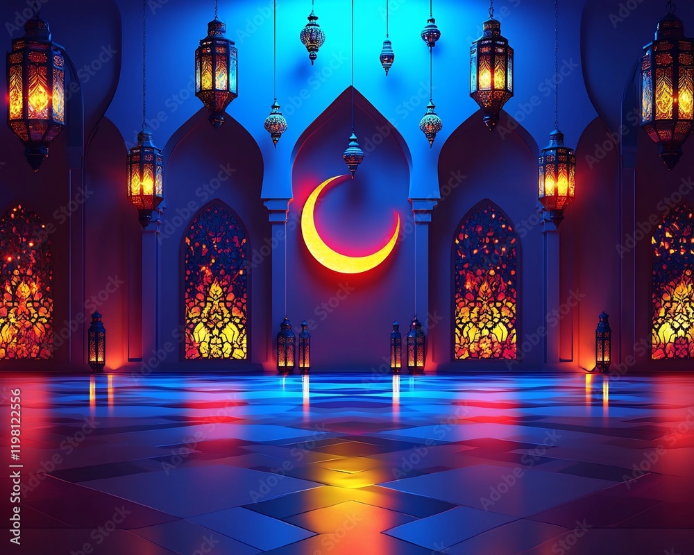 Obraz premium Illuminated mosque interior with crescent moon and lanterns.