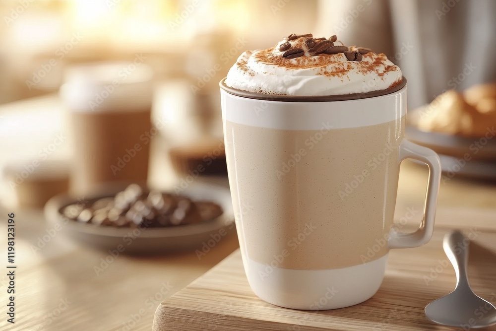 Warm beverage served in a cozy setting with coffee beans and pastries in the background during morning sunlight Warm beverage served in a cozy setting with coffee beans and pastries in the background during morning sunlight