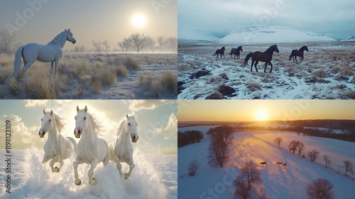 Four scenic winter horse scenes. photo