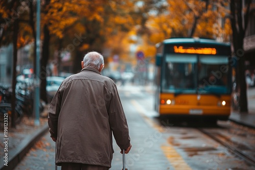 Elderly man using a walking cane approaching a bus on a city street during autumn