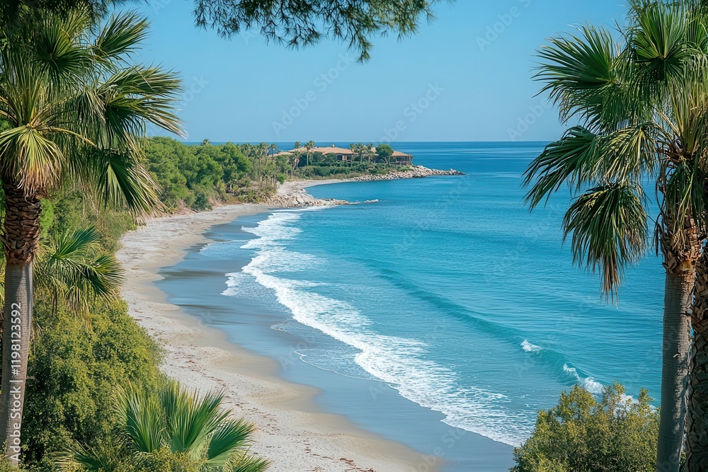 a breathtaking view reveals a pristine beach with golden sands and gentle waves lapping at the shore, framed by palm trees swaying in a soft ocean breeze a breathtaking view reveals a pristine beach with golden sands and gentle waves lapping at the shore, framed by palm trees swaying in a soft ocean breeze