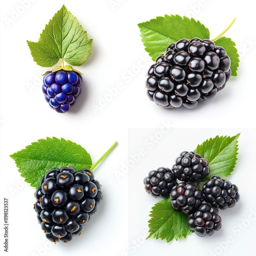 Four blackberries and one purple blackberry with leaves on white background.