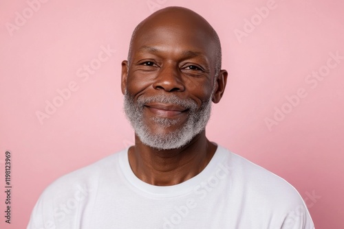 Smiling older man with gray beard poses against a soft pink background, radiating warmth and confidence photo